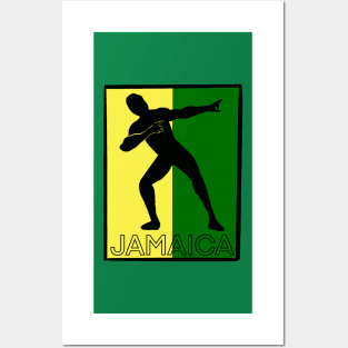 Jamaica sprinter pose with the Jamaican flag colours of black green and gold with the word Jamaica Posters and Art